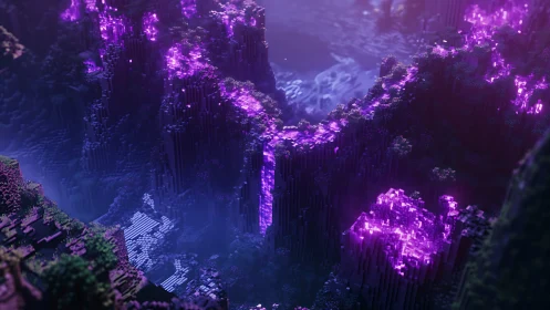 Voxel canyon landscape with luminous purple formations.