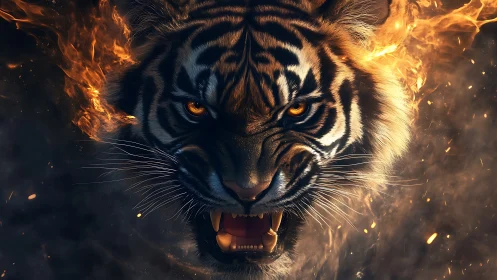 Fiery tiger roars with fierce power and glowing hot eyes