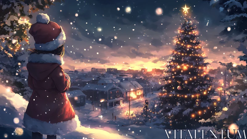 Girl observing illuminated Christmas tree at snowy dusk.