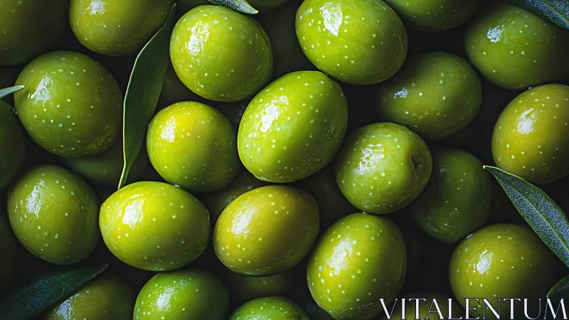Macro close-up of glossy green olives with olive leaves cluster