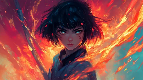 Short haired figure with staff framed by surrounding flames.