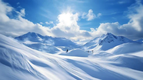 Snow-covered alpine valley with distant snowboarder under sun.