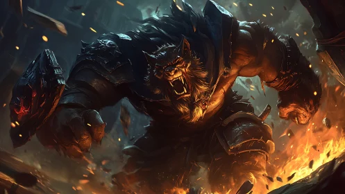 Armored werewolf warrior charges through raging battlefield flames.