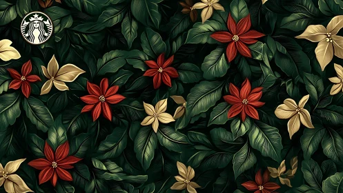 Lush coffee canopy with festive blossoms and hidden siren logo.