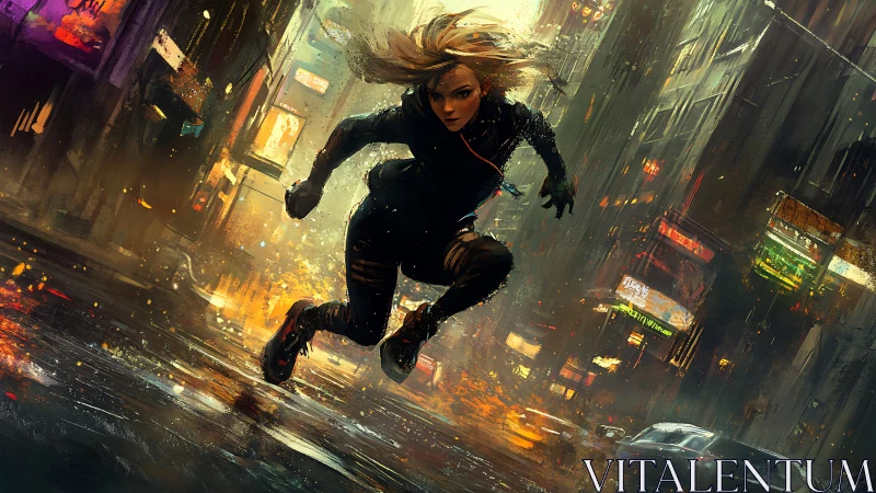 Cyber runner sprints through neon stormlit city streets.