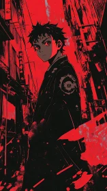 High contrast anime figure in red-black urban alley composition