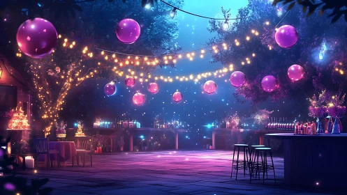 Neon Floating Orbs Illuminate Night Festival Venue.