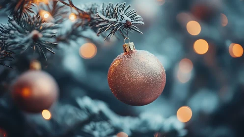 Macro close-up shows frosted bauble on snow-dusted fir branch