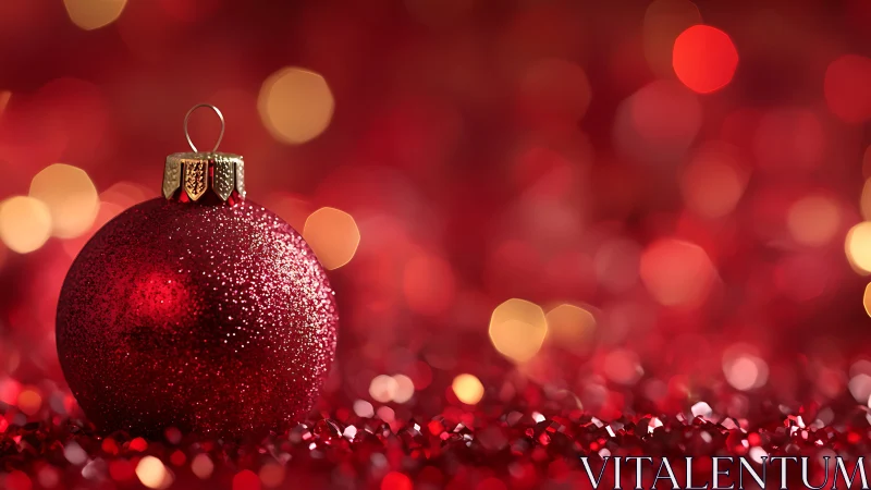 Red glitter Christmas bauble with soft bokeh background.