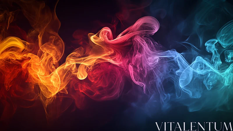 Multicolored abstract smoke waves on dark gradient background.