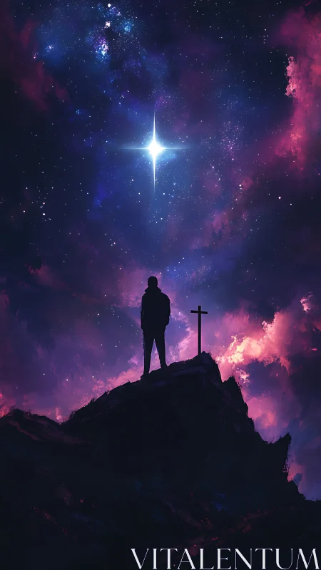 Silhouette observes bright star above cross on rocky summit