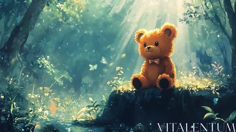 Plush teddy bear illuminated by volumetric forest god rays on mossy ledge
