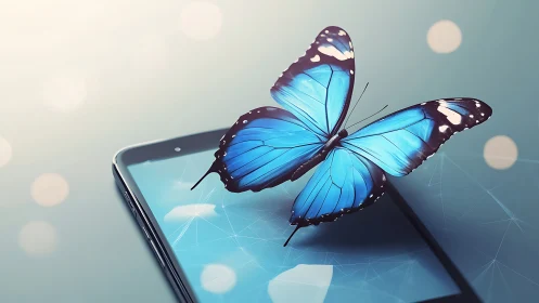 Blue morpho butterfly overlaying smartphone glass interface.