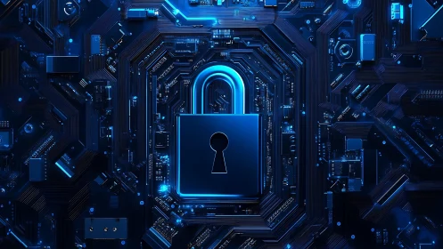 Glowing cyber lock guarding a maze of midnight circuits.