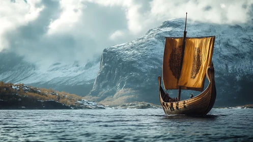 Viking longship sails on cold fjord beneath snowy cliffs