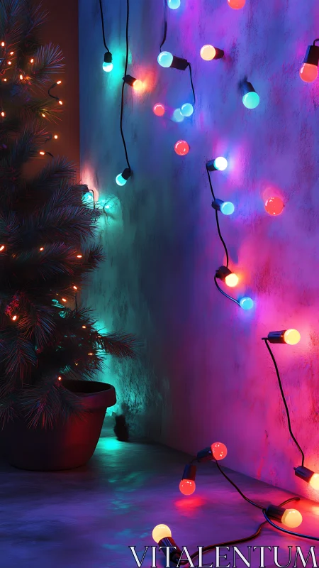 Photorealistic holiday wall lights with potted fir tree glow.