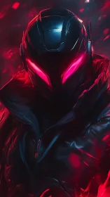 Cybernetic vigilante stands in red neon haze
