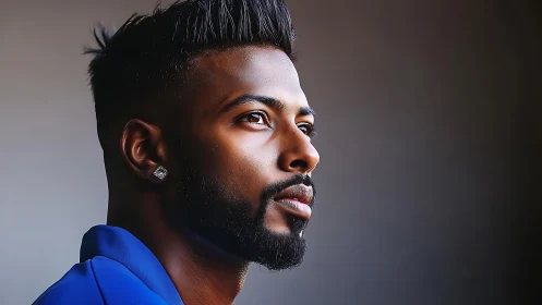 Profile portrait highlights sharp gaze and sculpted beard.