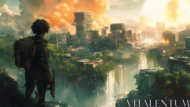 Post-apocalyptic scout overlooking overgrown waterfall megacity