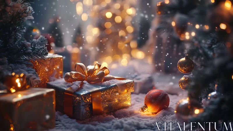Cozy Christmas gifts glowing softly under snowy tree lights.