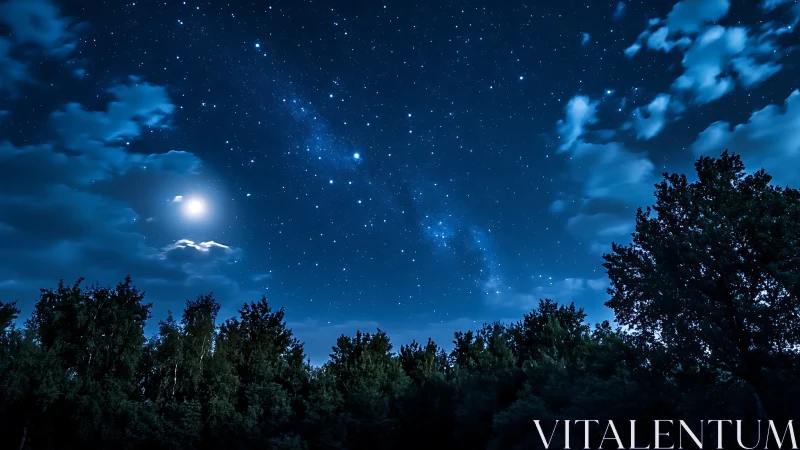 Photorealistic nocturnal sky over forest canopy, wide composition.