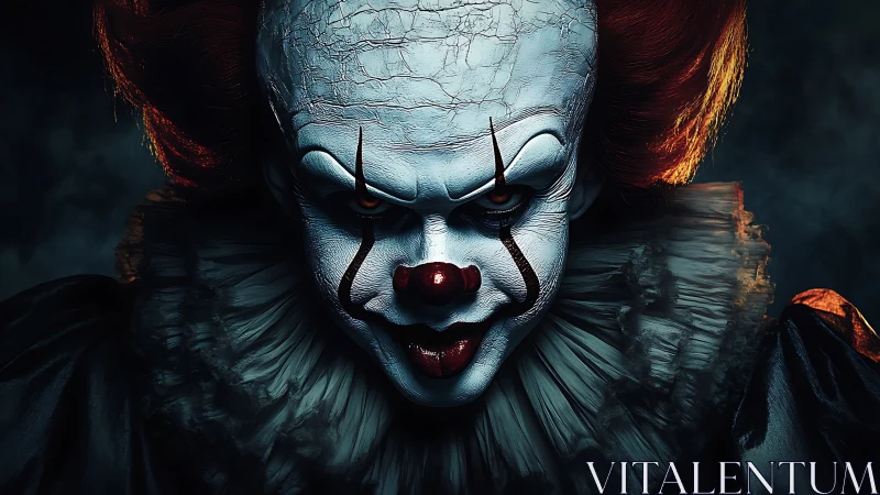 Sinister horror clown stares forward under harsh low light