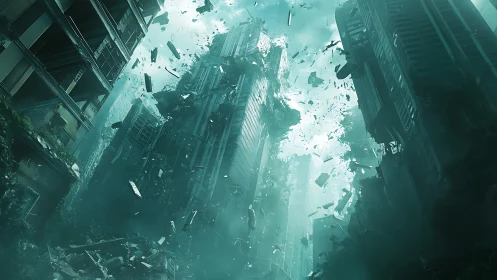 Collapsing futuristic city towers in teal dust storm.