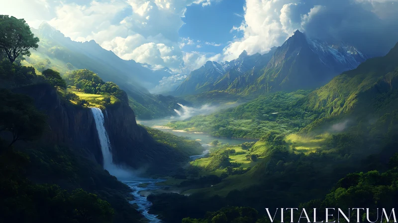 Digital painting of luminous waterfall valley and alpine range.