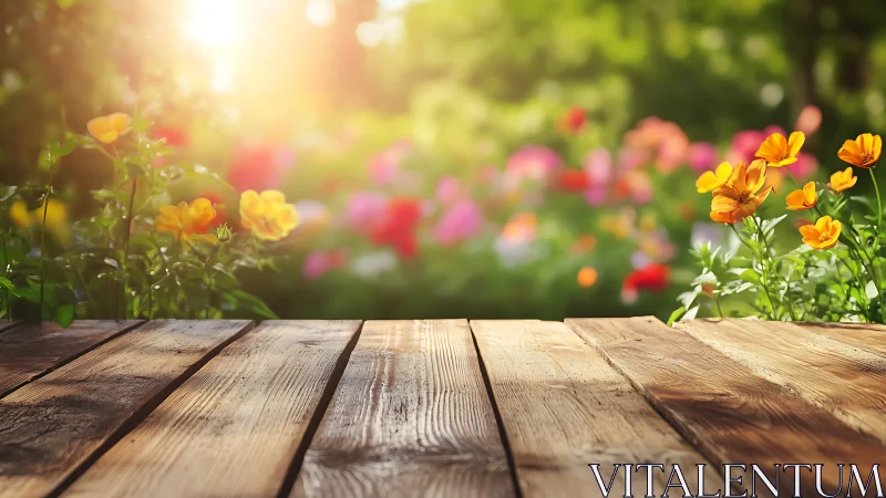 Wooden garden table in bright sunlight with summer flowers.