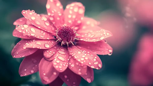 Magenta Dahlia Drenched in Dewdrops Under Golden Light.