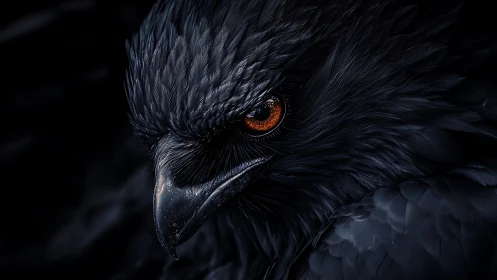 Intense close-up of black raven with striking orange eye, dark art style.