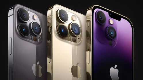 Three iPhone 14 Pro models display camera systems and color variations.