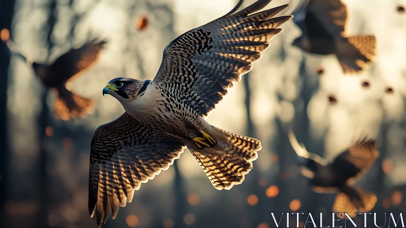 Peregrine falcon in flight with blurred forest background, dramatic light.