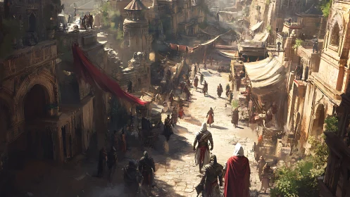 Medieval desert city street rendered with dynamic depth and motion
