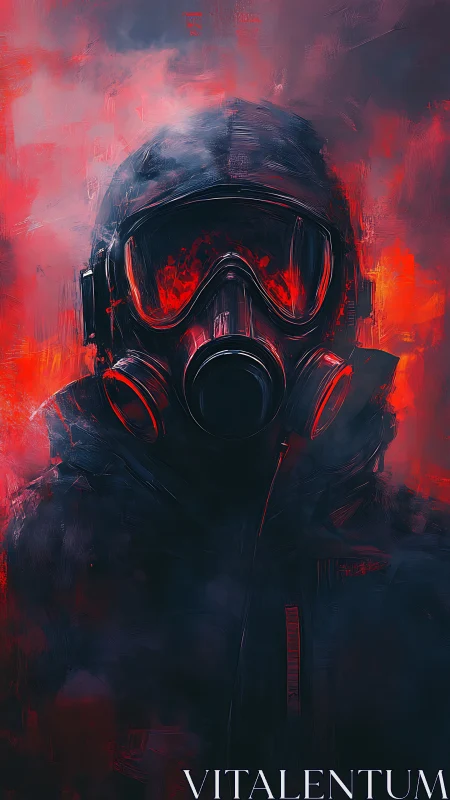 Embermasked wanderer gazes through toxic crimson dusk.