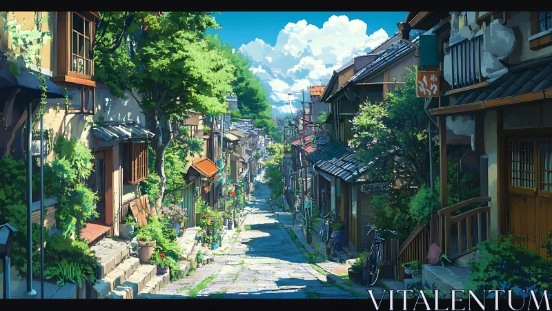 Anime hillside alley with lush greenery and deep perspective.