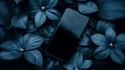 Dark Floral Minimalism: Smartphone Nestled Among Teal Petals