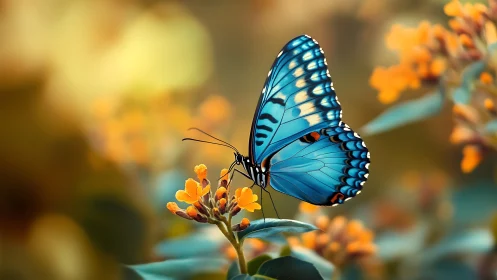 Blue butterfly rests on golden blossoms in soft bokeh field.