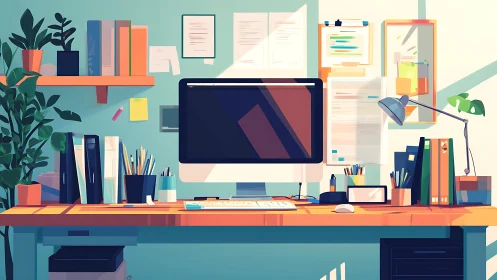 Organized home office desk with computer and bright decor.