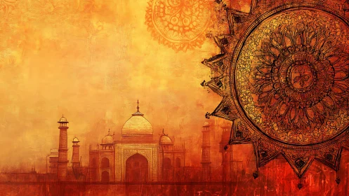 Taj Mahal silhouette meets ornate mandala in fiery gradient