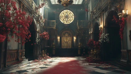 Romantic grand hall wrapped in flowers and golden light.