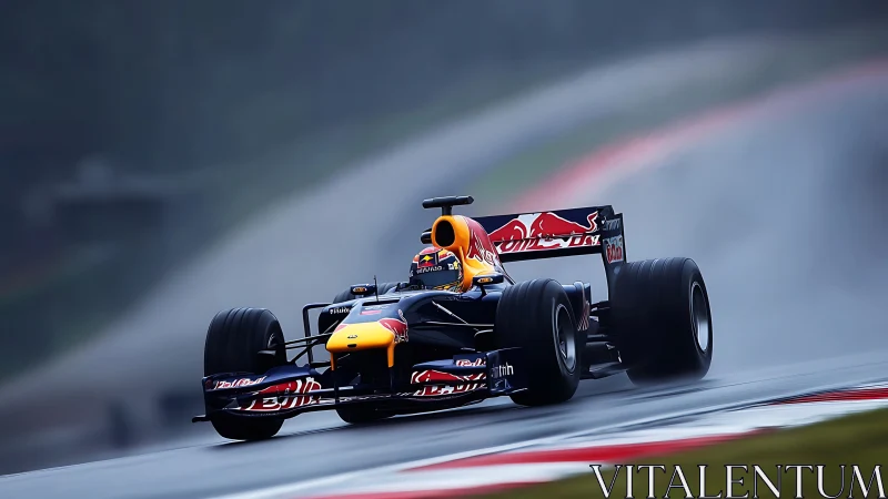 Formula race car cuts through wet track in high-speed fog