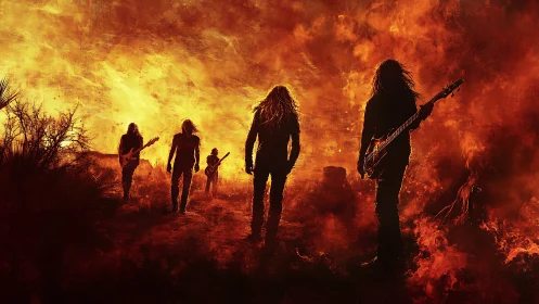 Rock band silhouettes perform against raging fire backdrop.
