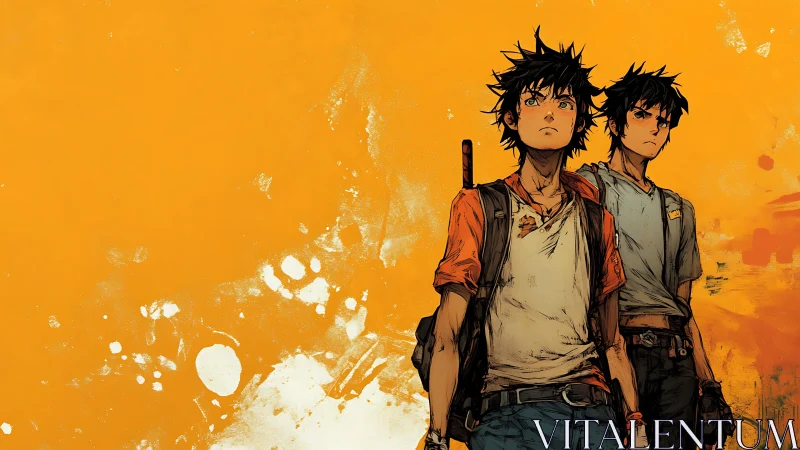 Gritty anime teens with backpacks against orange grunge field