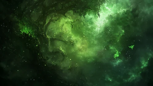 Dense green nebula with abstract organic branches in space.