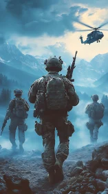 Armed soldiers advance through misty mountains at dawn.