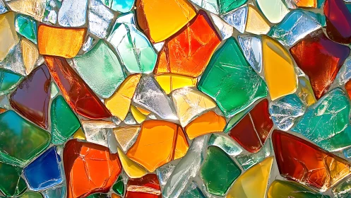 Vibrant stained glass mosaic with abstract geometric shapes.