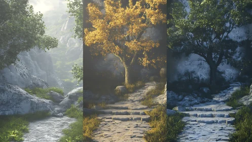 Stone path of three seasons under shifting forest light.