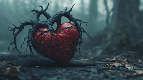 Rooted red heart glows quietly in a misty forest clearing