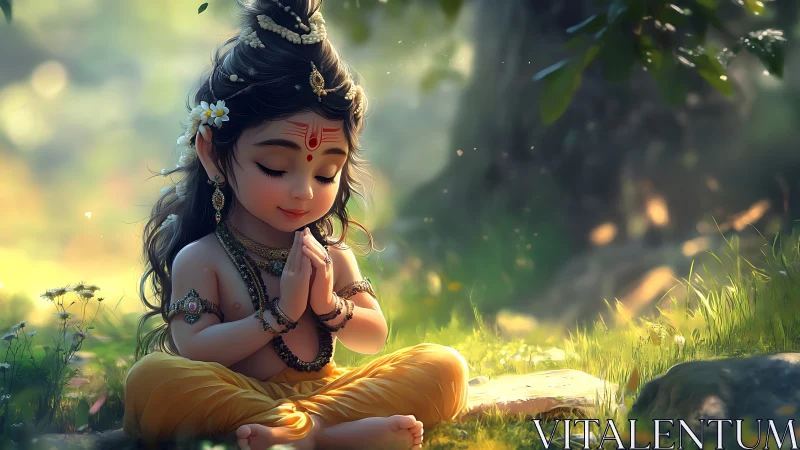 Divine child meditating in sunlit forest with ethereal glow